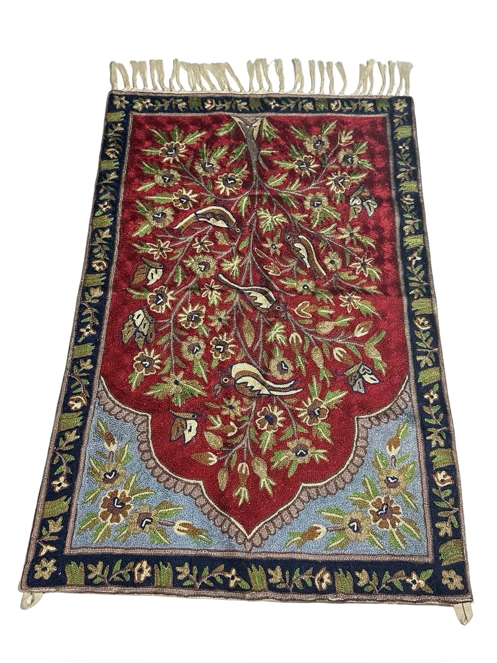 Vtg Kashmir Chain Stitch Tree of Life Birds Wool Crewel Rug Wall Hanging 2x3